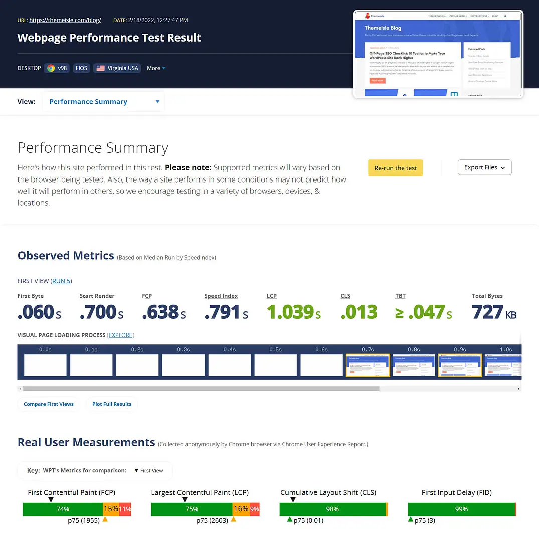WebPageTest results page.