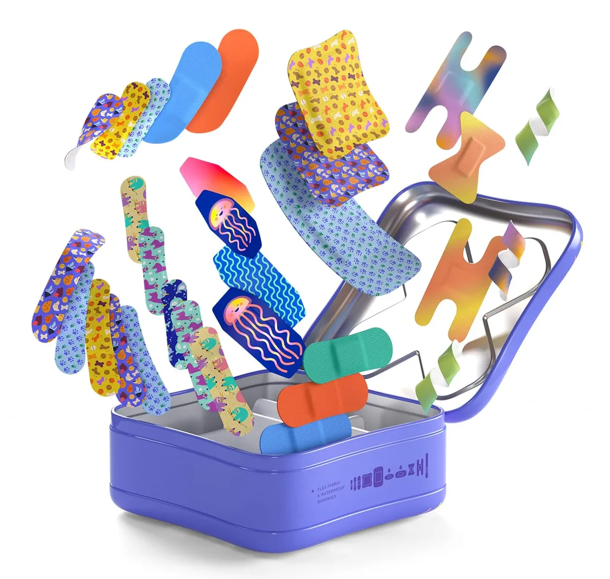 Bandages with playful designs float out of a tin box