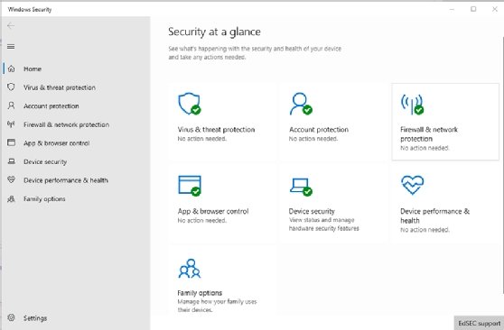The Security at a glance dashboard within Windows 10, displaying various metrics