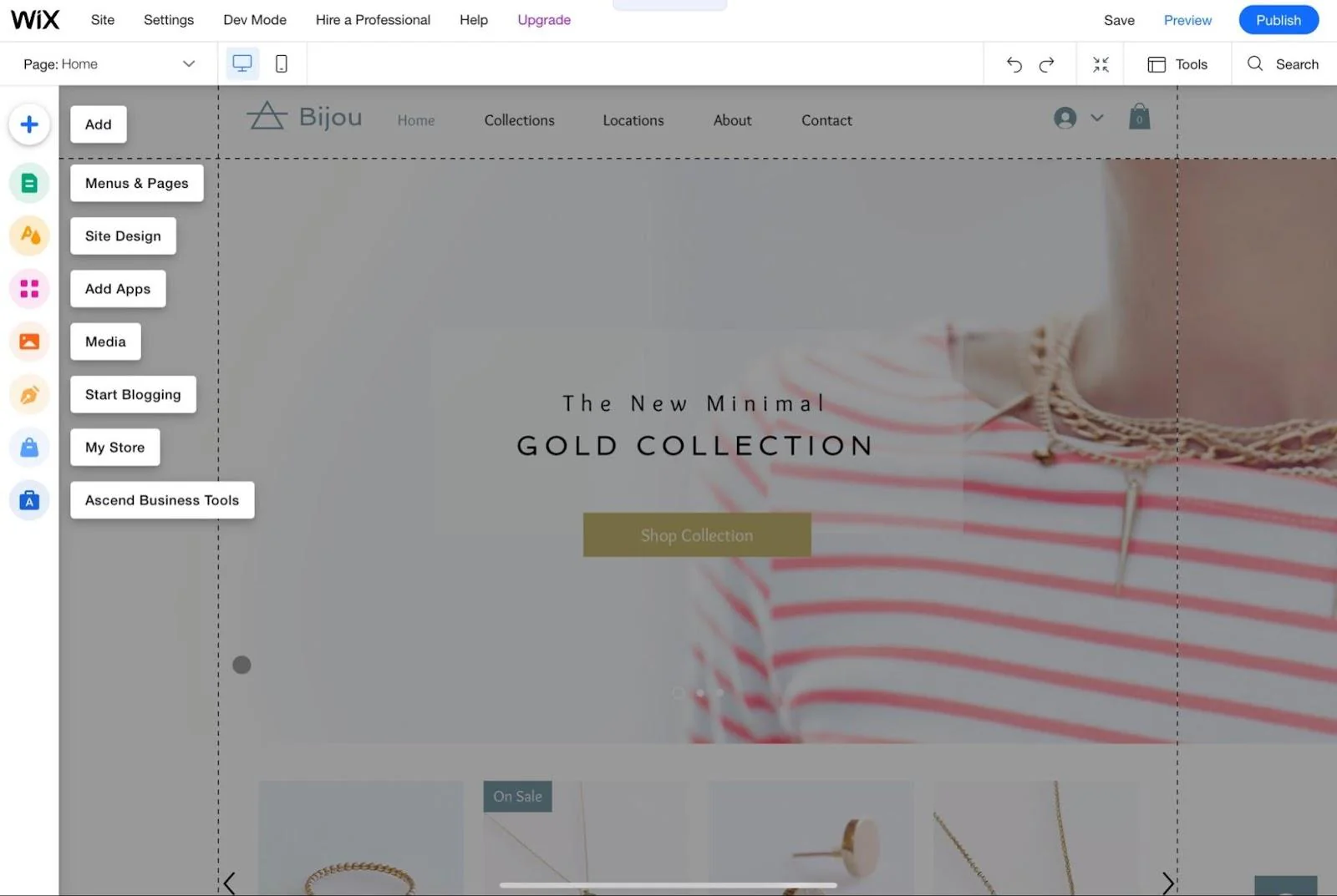 Wix website editor showing a jewelry store design with customization tools.