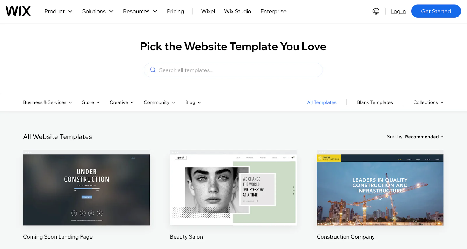 A screenshot of themes available from Wix
