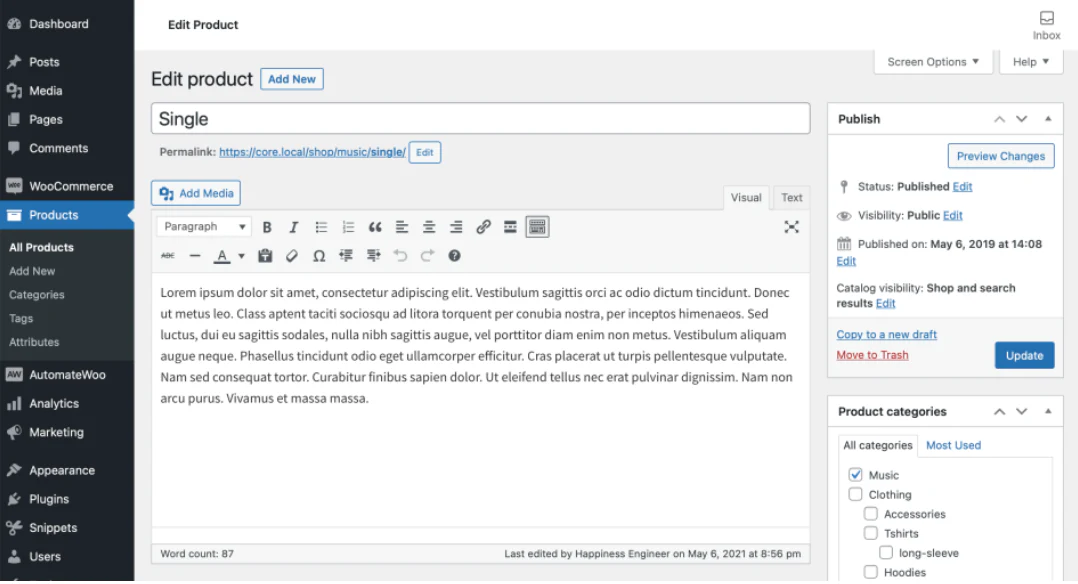 WooCommerce product editor showing a single product page with text editing and category options.