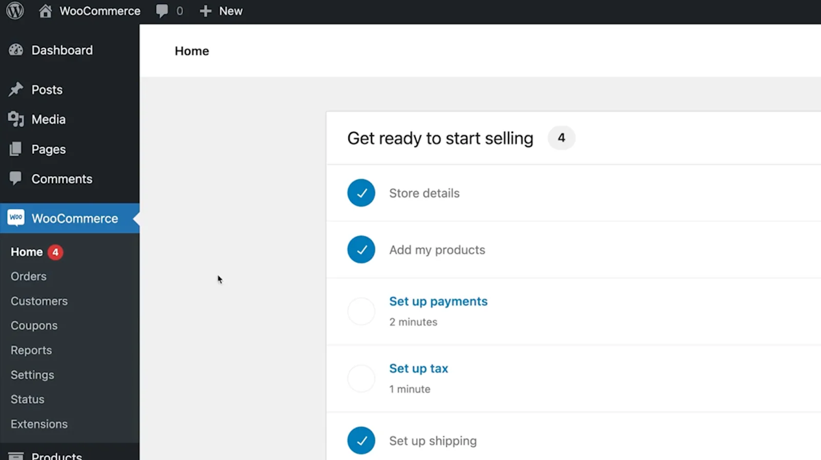 A screenshot of WooCommerce's setup checklist within WordPress.