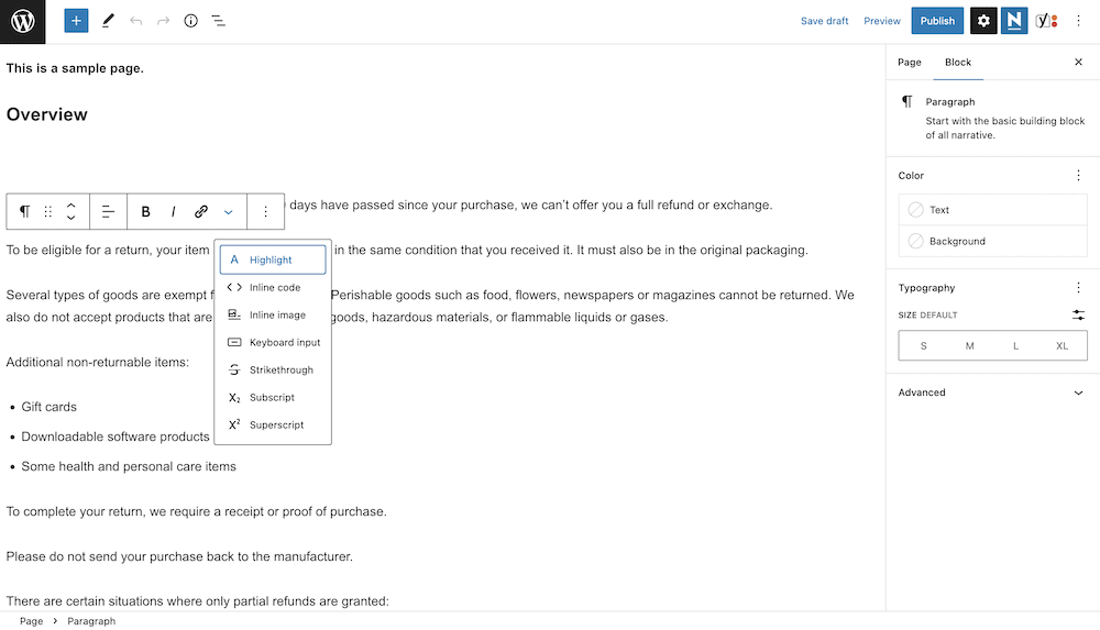 Editing a WordPress page using the Block Editor.