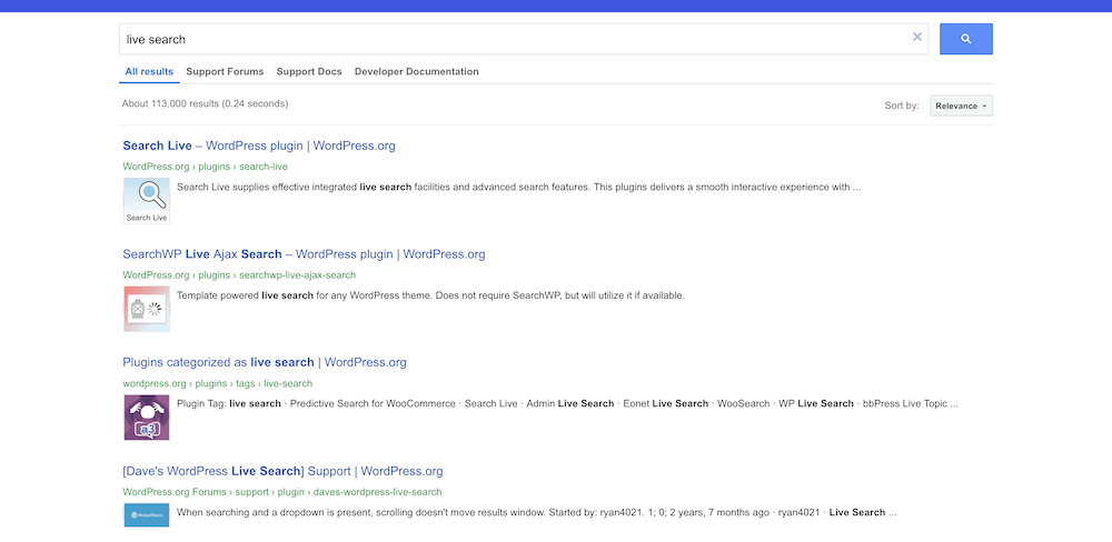 The synchronous search functionality on the WordPress.org website. 