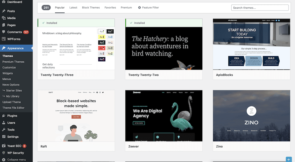 Choosing a WordPress theme from the built-in directory.
