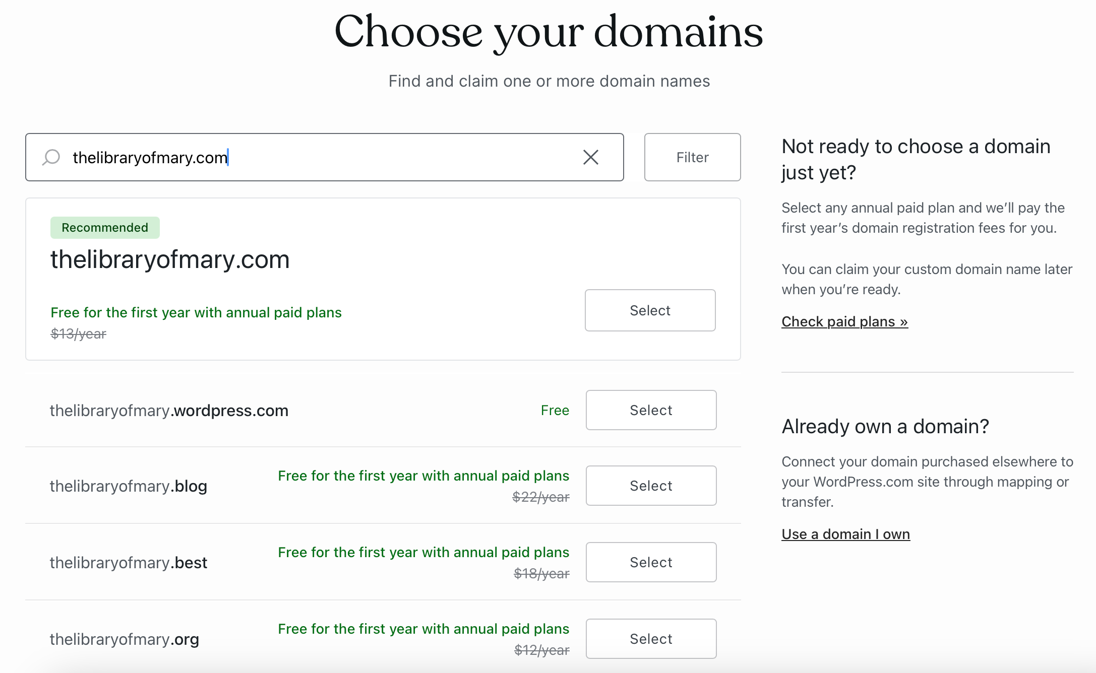 WordPress free plan includes the ability to customize our subdomain for All About Cookies test website