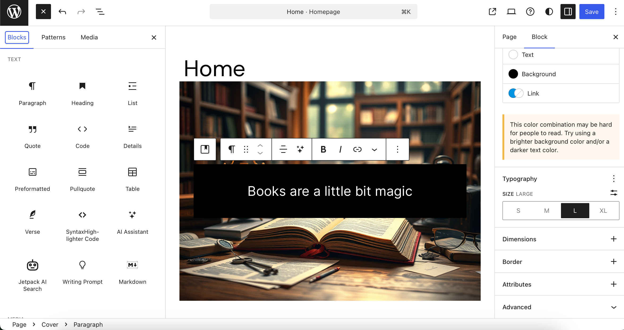 WordPress page editing dashboard for All About Cookies test website