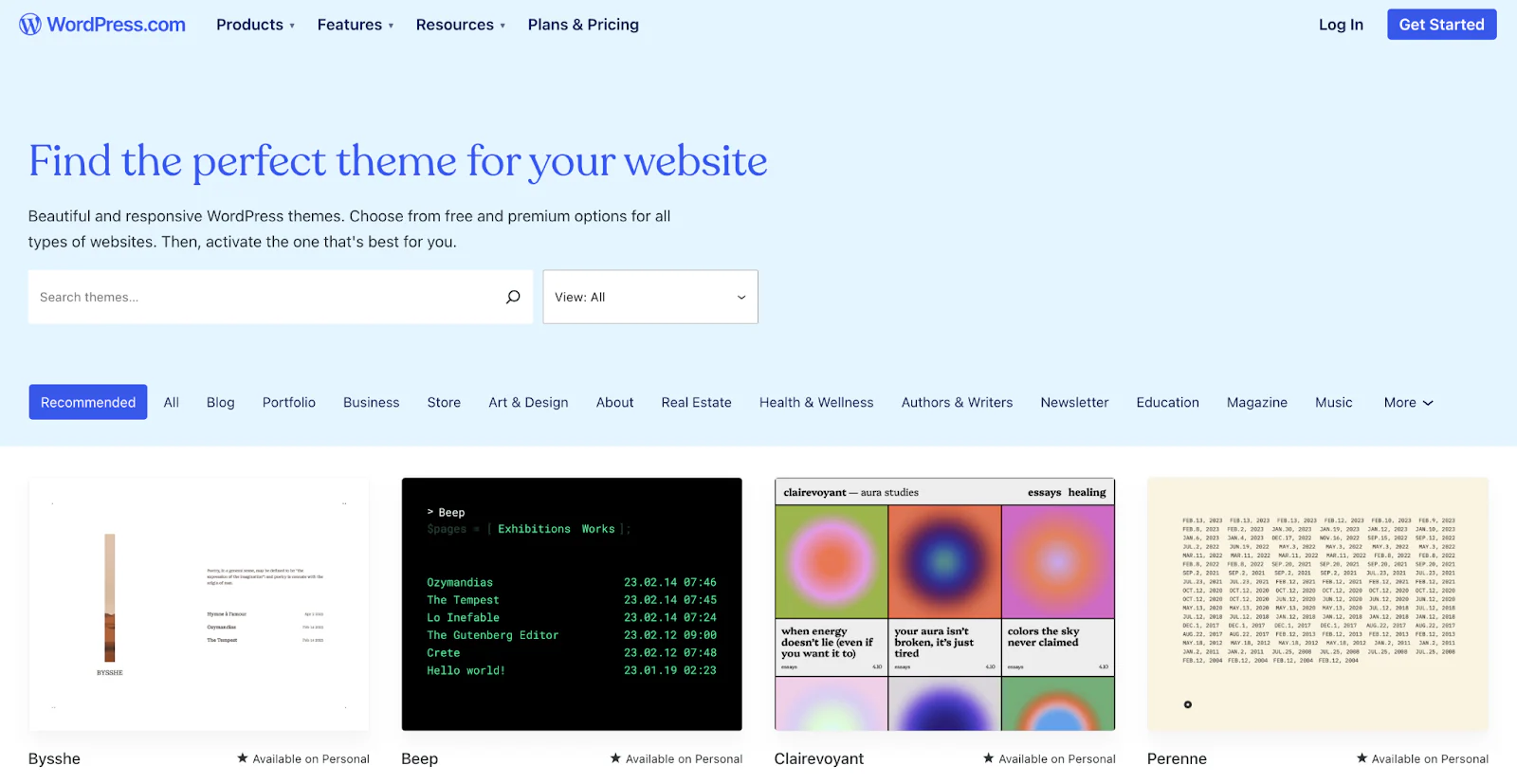 A screenshot of themes available from WordPress.
