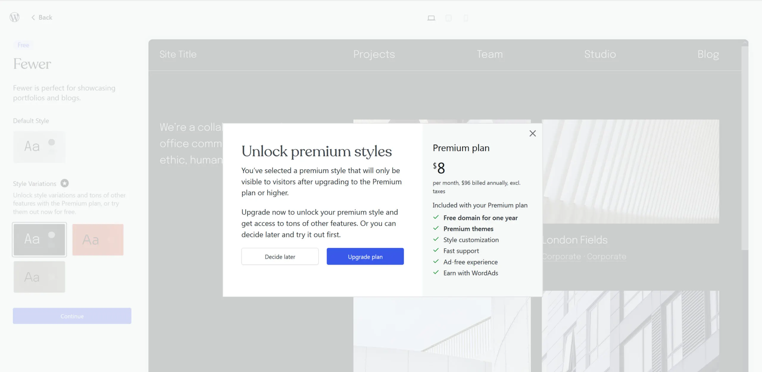 Screenshot showing limits on customization due to plan with WordPress.com.
