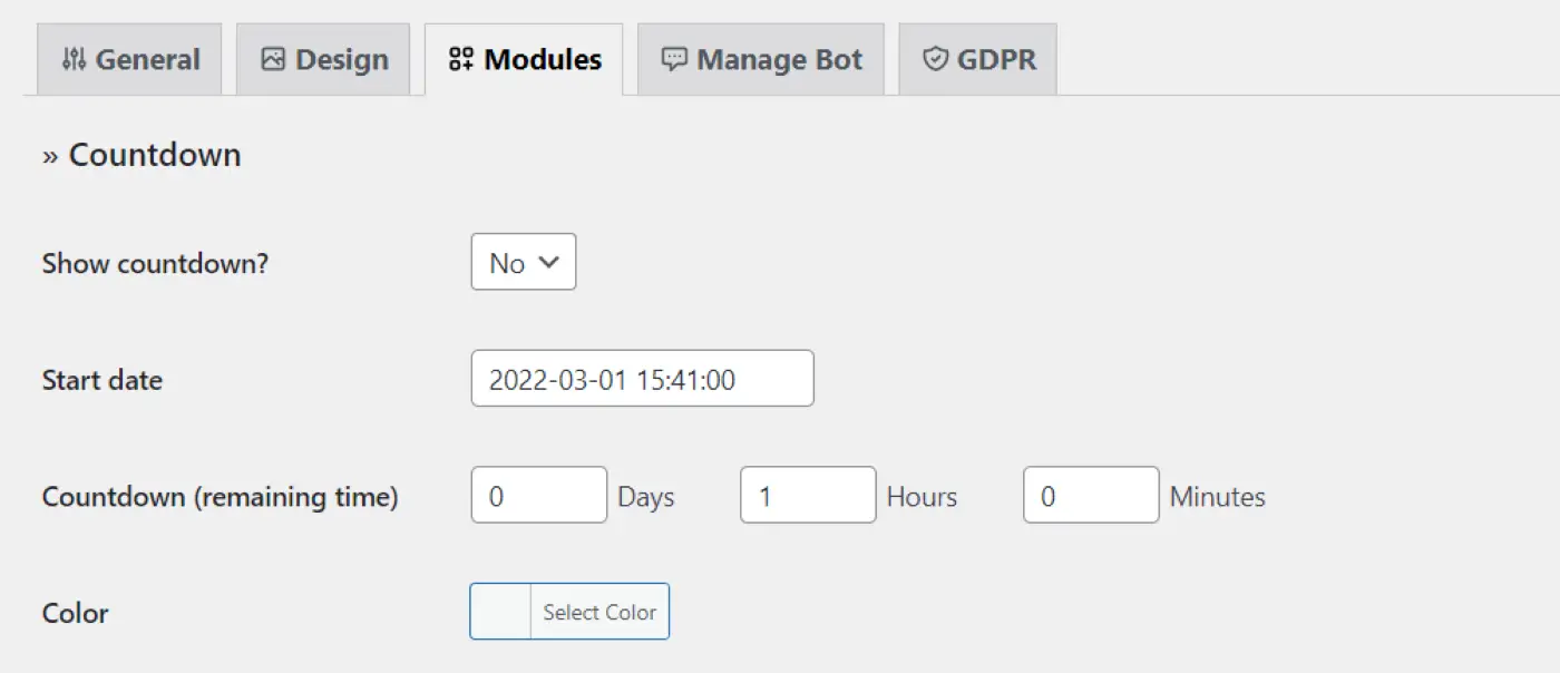 Modules tab in WordPress