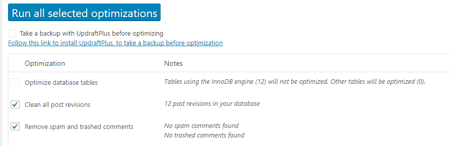 The WP-Optimize plugin's settings.