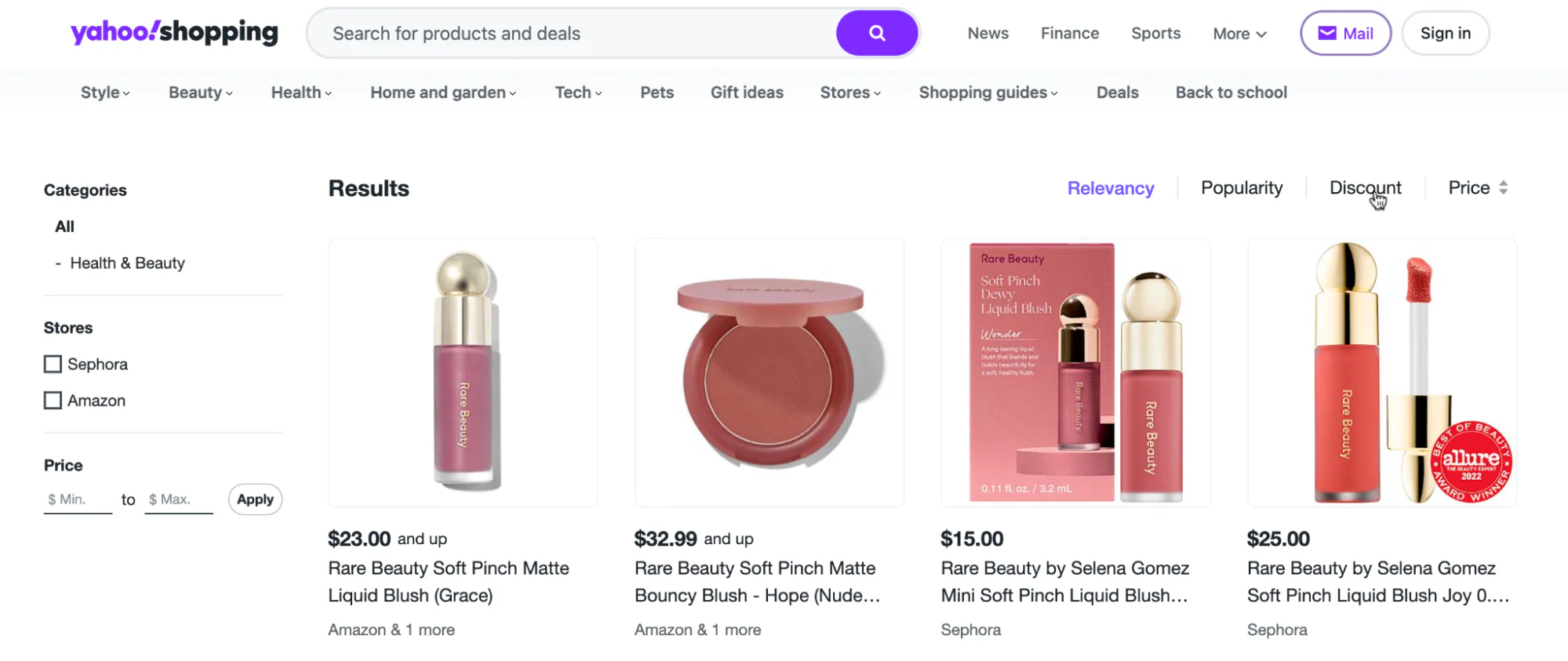 Yahoo! Shopping search results showing Rare Beauty blush products with prices.