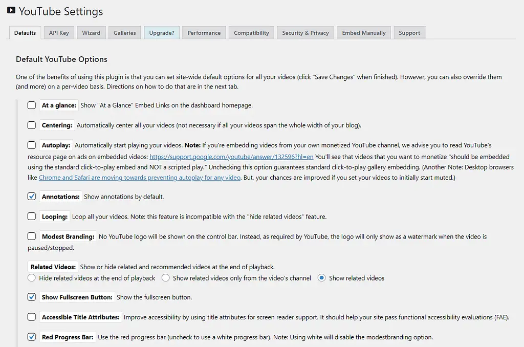 The Embed Plus YouTube plugin's settings screen