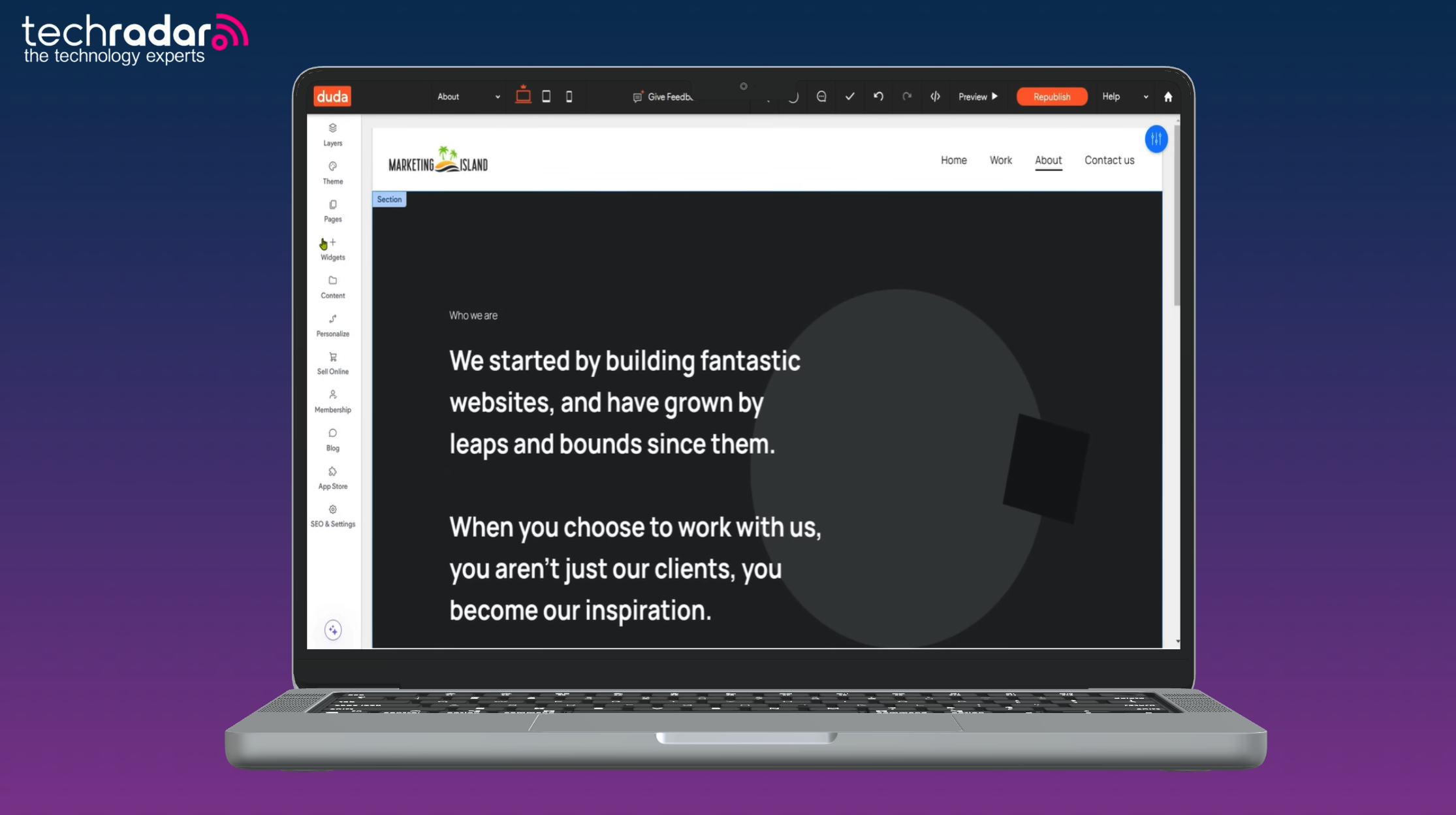An image of a macbook on a purple background, the Duda website builder is being used on mac