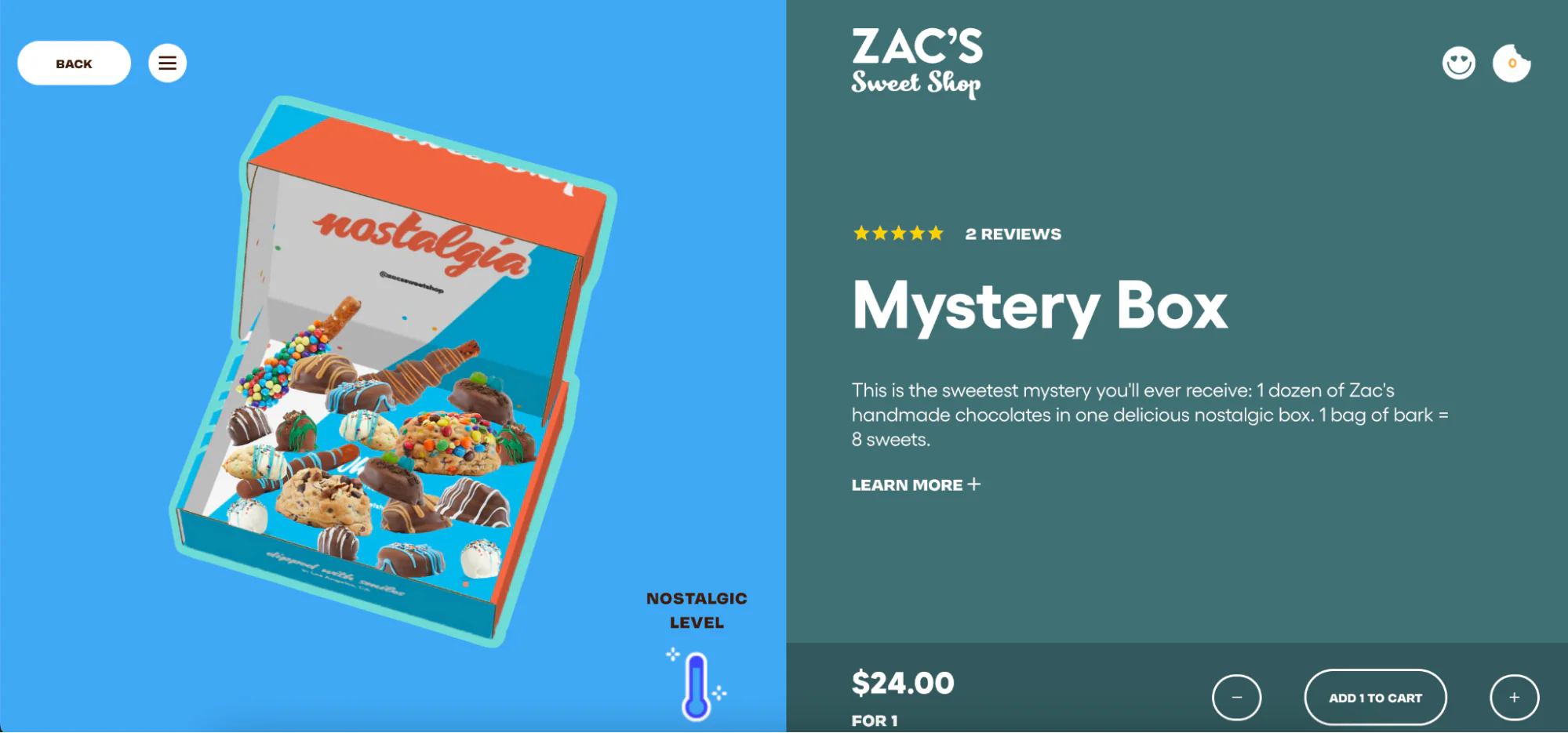 Open box of colorful chocolate treats labeled “nostalgia” with price and description.