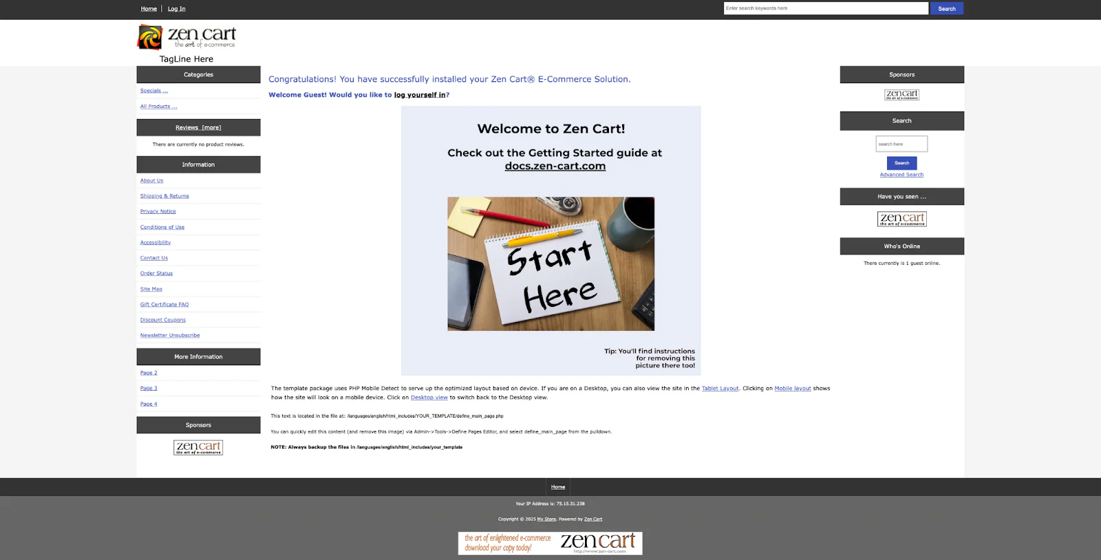 A screenshot of the backend of a Zen Cart demo store.