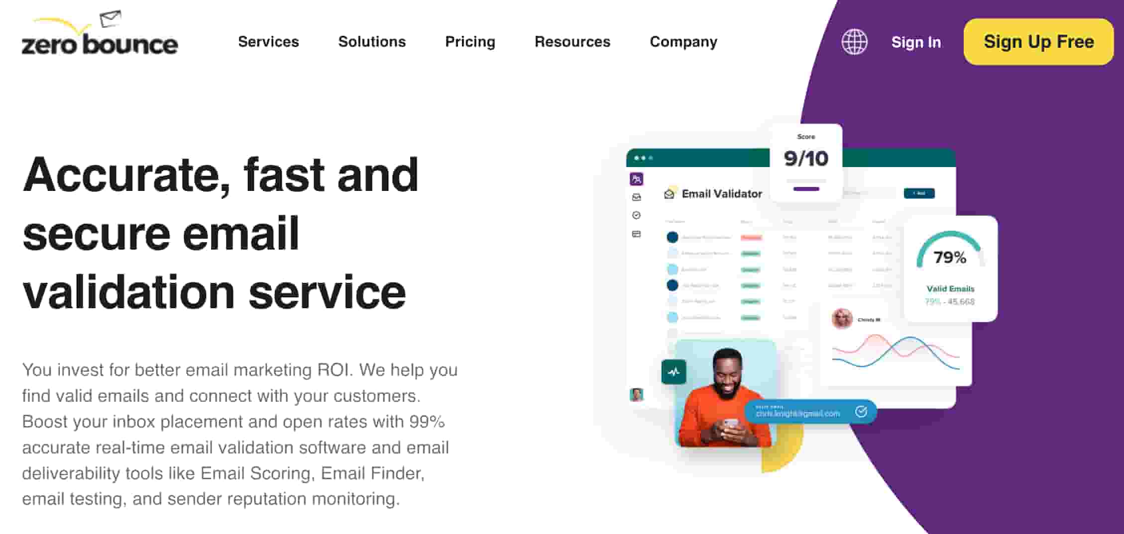 ZeroBounce webpage showing a menu, product description, interface preview and a trial button.