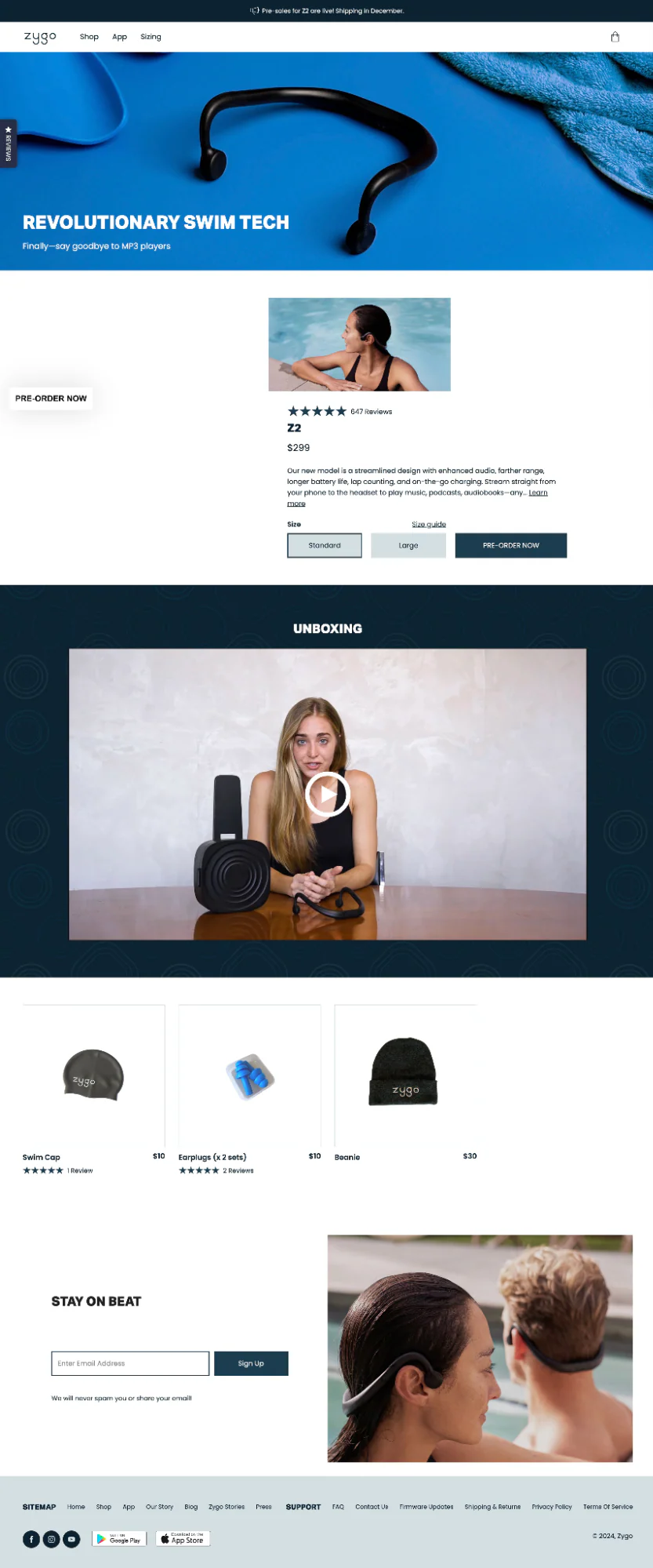 Zygo uses video and images of the product in use, social proof and buttons for preorders and email signups.