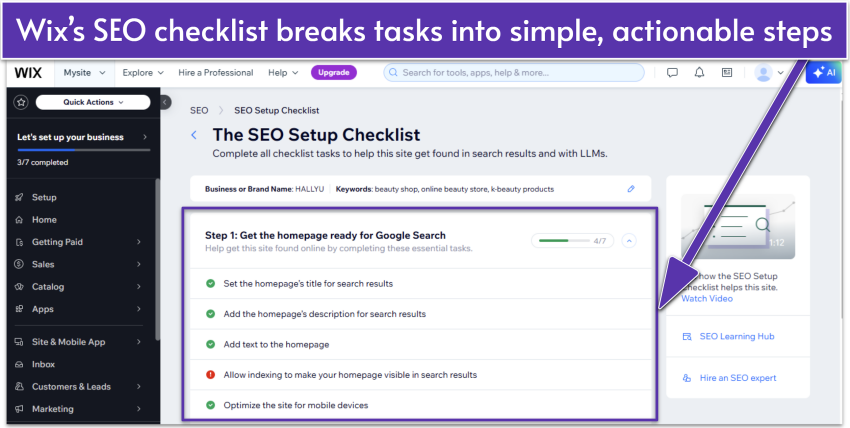 Wix dashboard showing SEO Setup Checklist with checklist tasks for homepage optimization
