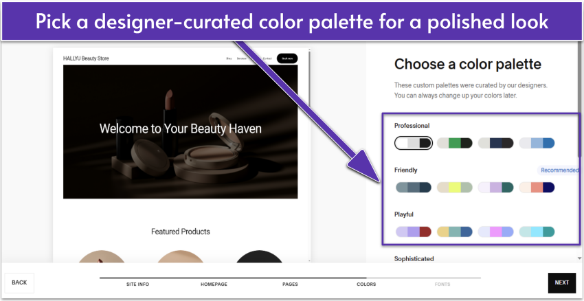 Squarespace Blueprint AI UI showing site color palettes