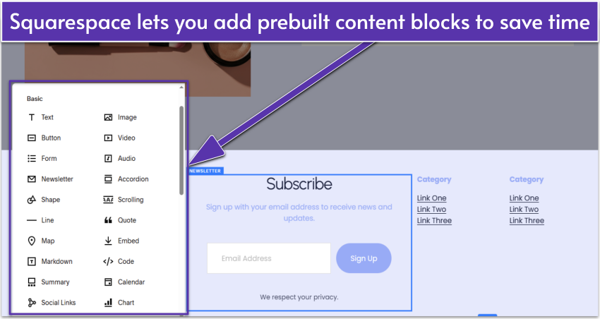 Squarespace editor showing a selection of basic content blocks