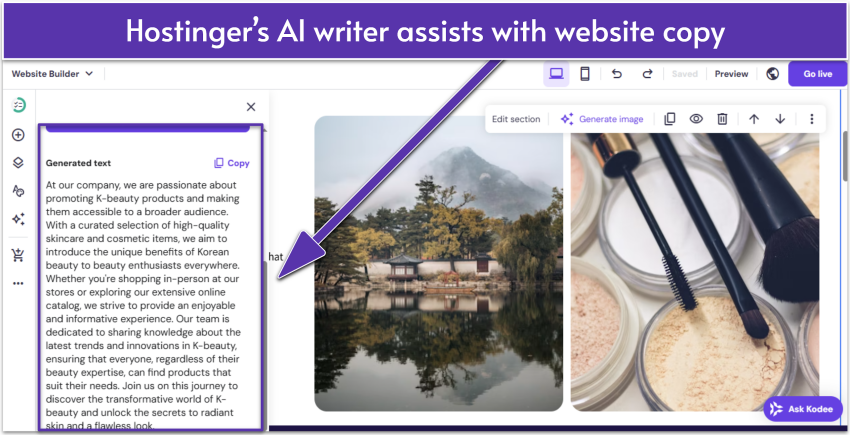 Hostinger AI builder UI showing website's About page with text highlighted