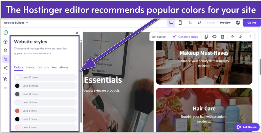 Hostinger AI builder UI showing the most used site colors