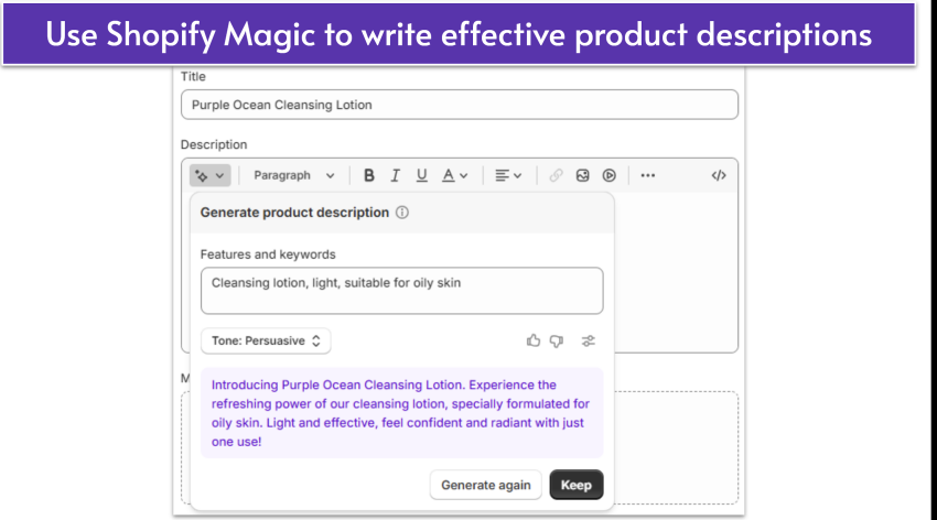 Shopify Magic UI showing AI-generated product description