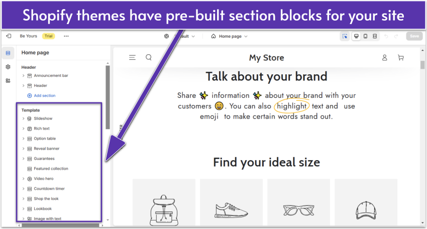 Shopify editor showing site's About page with template blocks highlighted