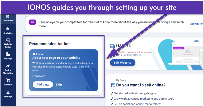 IONOS dashboard showing a guide to setting up your website