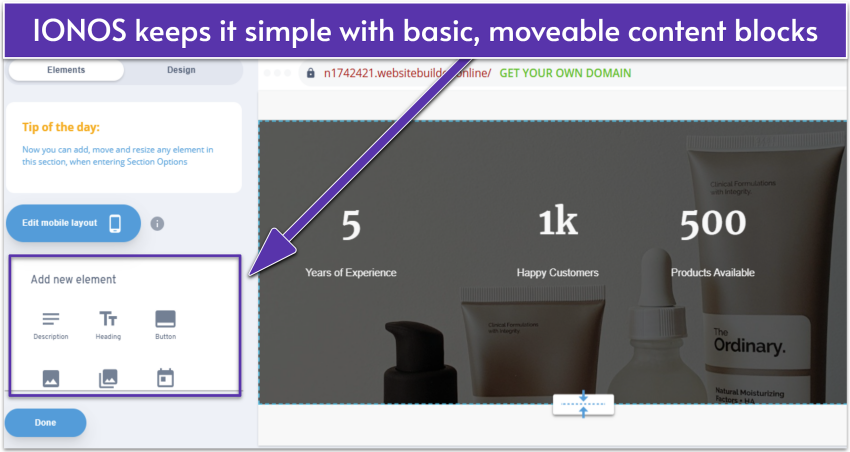IONOS design editor showing section elements