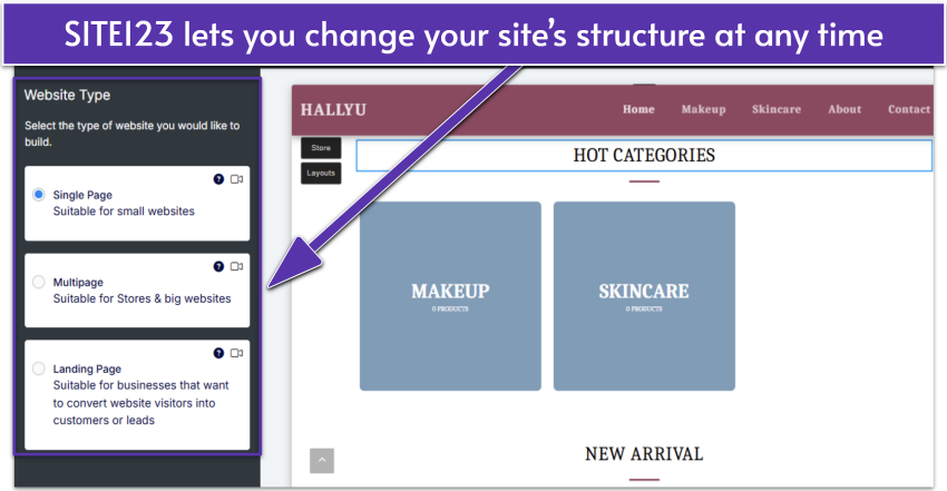 SITE123 editor showing website type settings