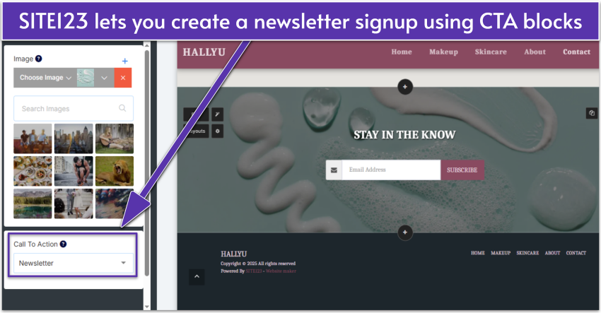 SITE123 editor showing a Promo layout with a newsletter button selected