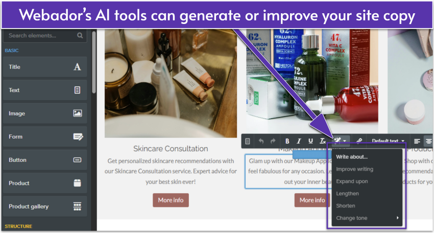 Webador editing interface showing AI writing tools