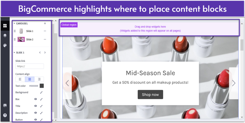 BigCommerce page builder showing homepage and site elements