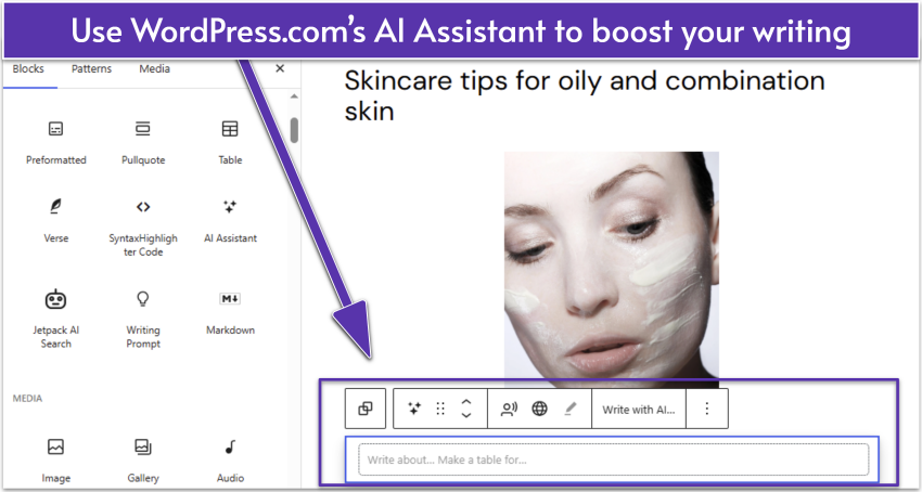 WordPress.com blog post UI showing content blocks with AI Assistant block selected