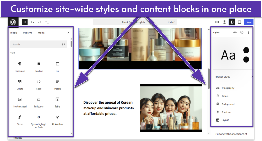 WordPress.com Site Editor with content blocks and Style settings opened