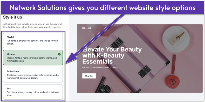 Network Solutions' UI showing different types of website styles