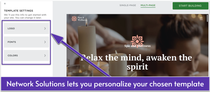 Network Solutions' UI showing a template's customization settings