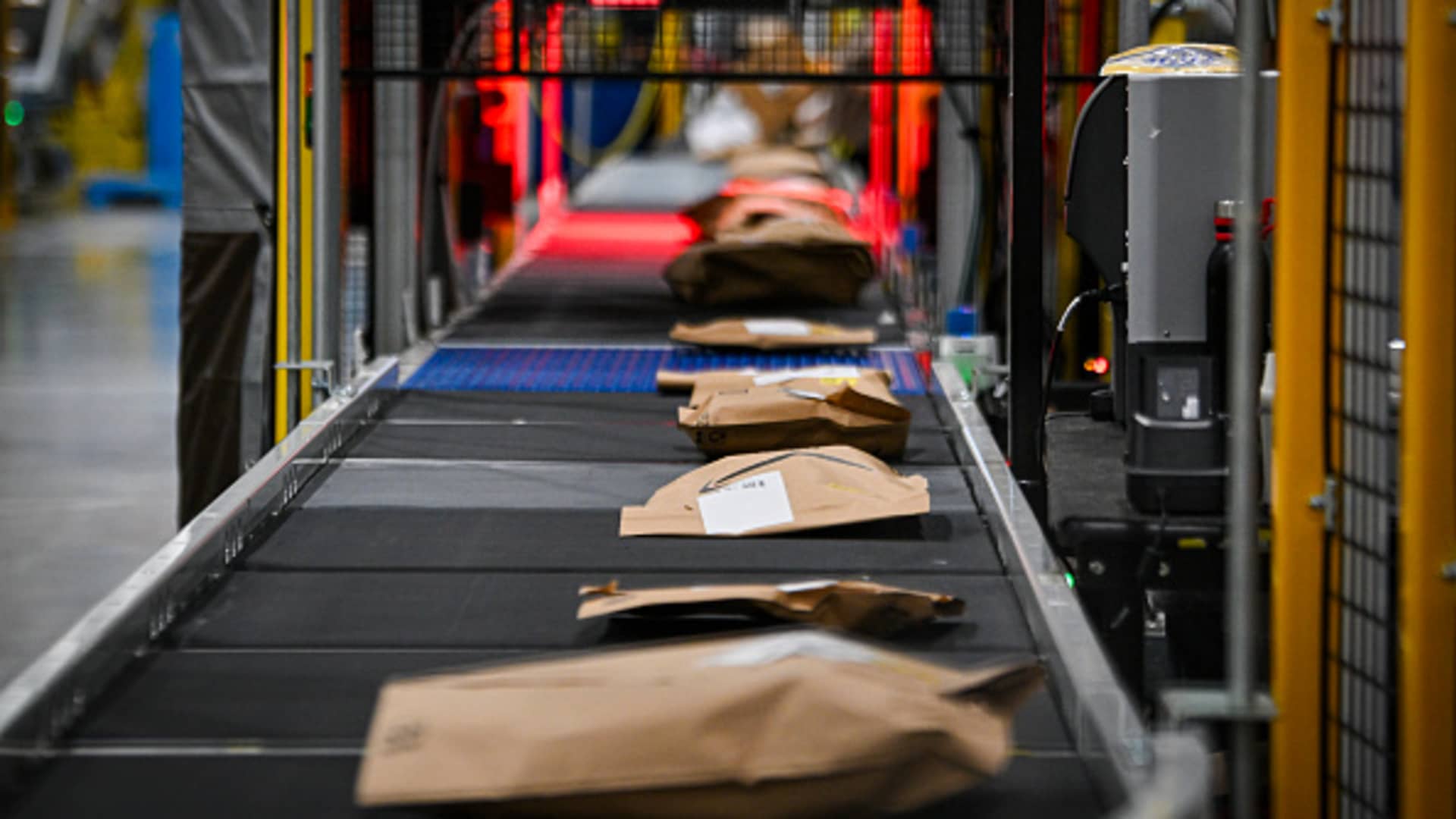 Packages ride on a conveyor belt during Cyber Monday at an Amazon fulfillment center on December 2, 2024 in Orlando, Florida.