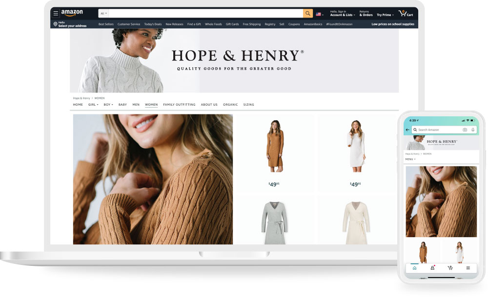 Amazon Hope & Henry clothing store site displayed on laptop and phone.