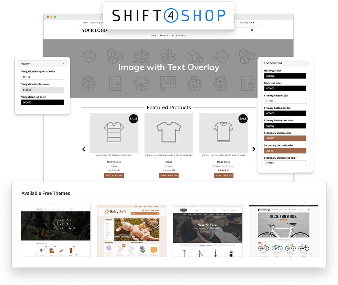 Shift4Shop website builder with product page preview and available free themes.