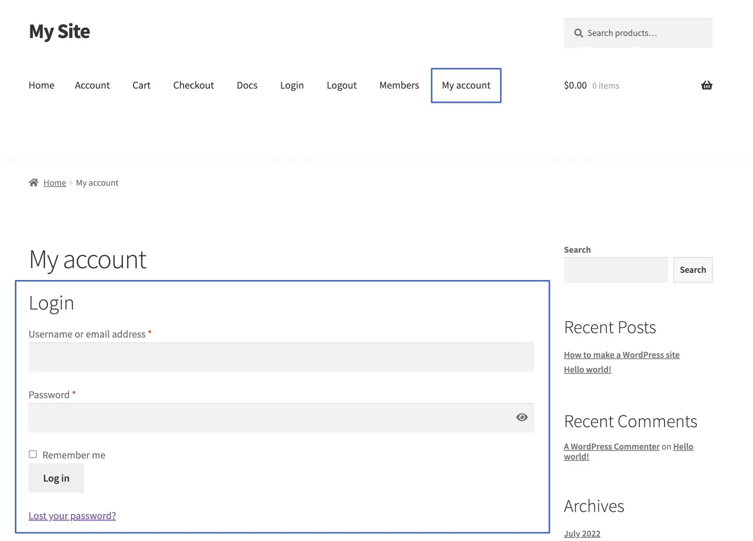 The built-in WooCommerce login form
