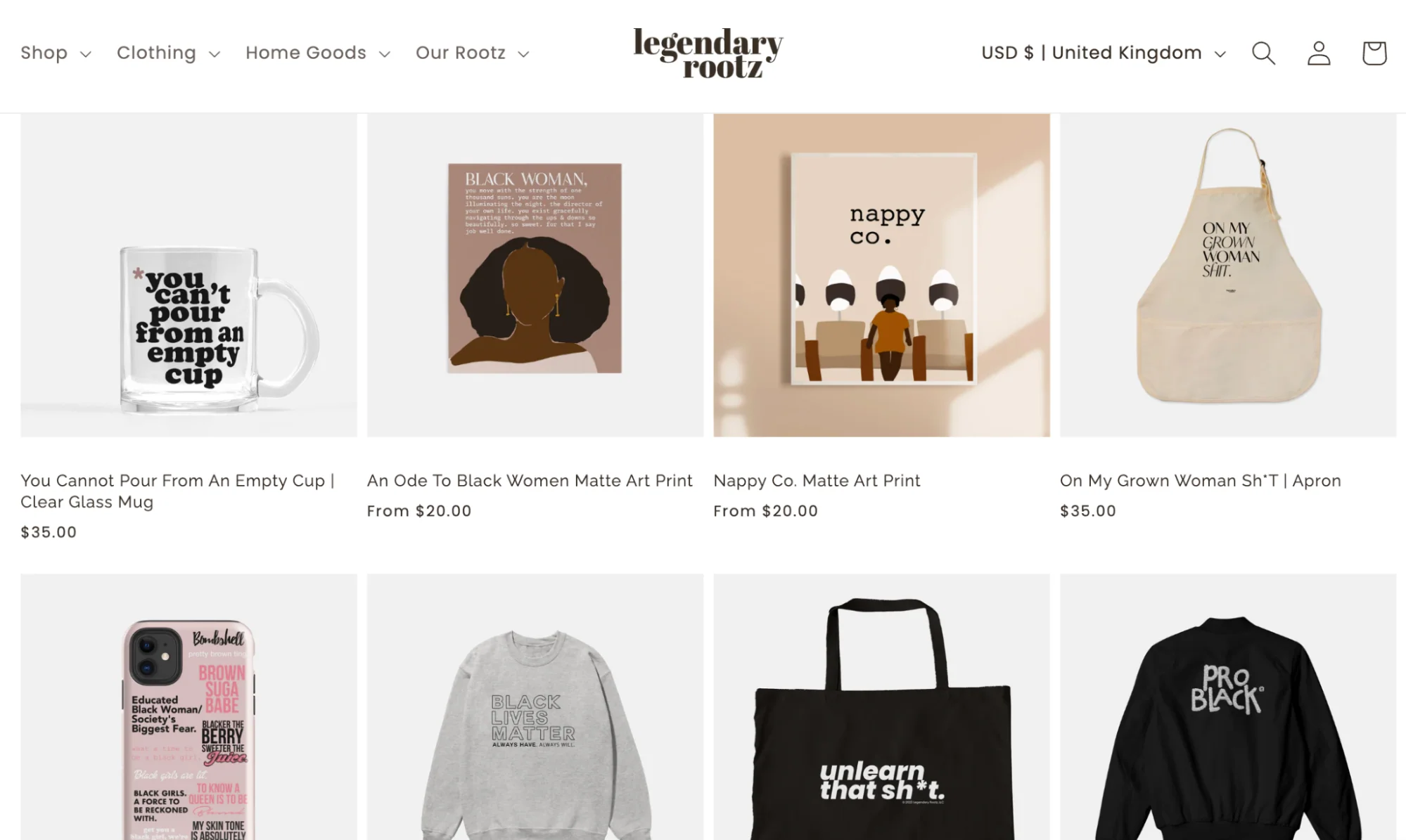 Selection of printed products from Legendary Rootz, including a jumper, mug, and apron.
