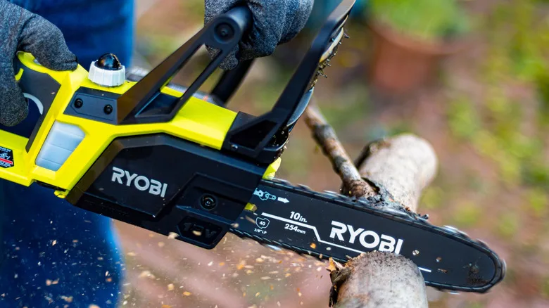 Person using a Ryobi cordless chainsaw on tree limb