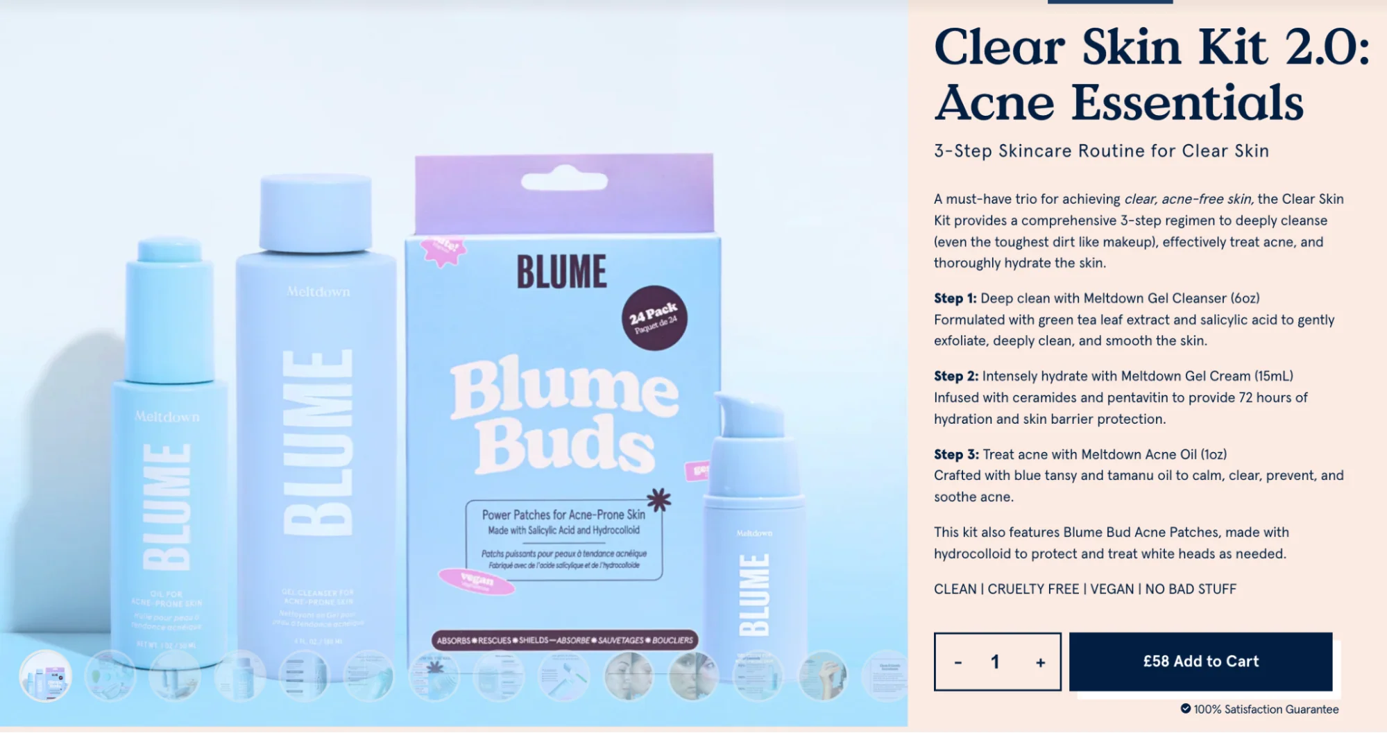 Pale blue packaged bottles of skincare from Blume.