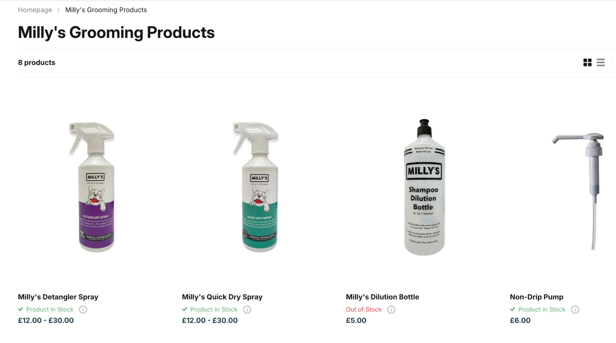 Bottles of pet detangling spray on Milly’s Grooming Products website.