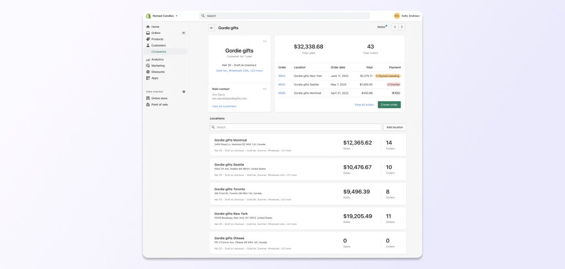 Shopify’s interface showing the creation of a company profile for the store Gordie Gifts.
