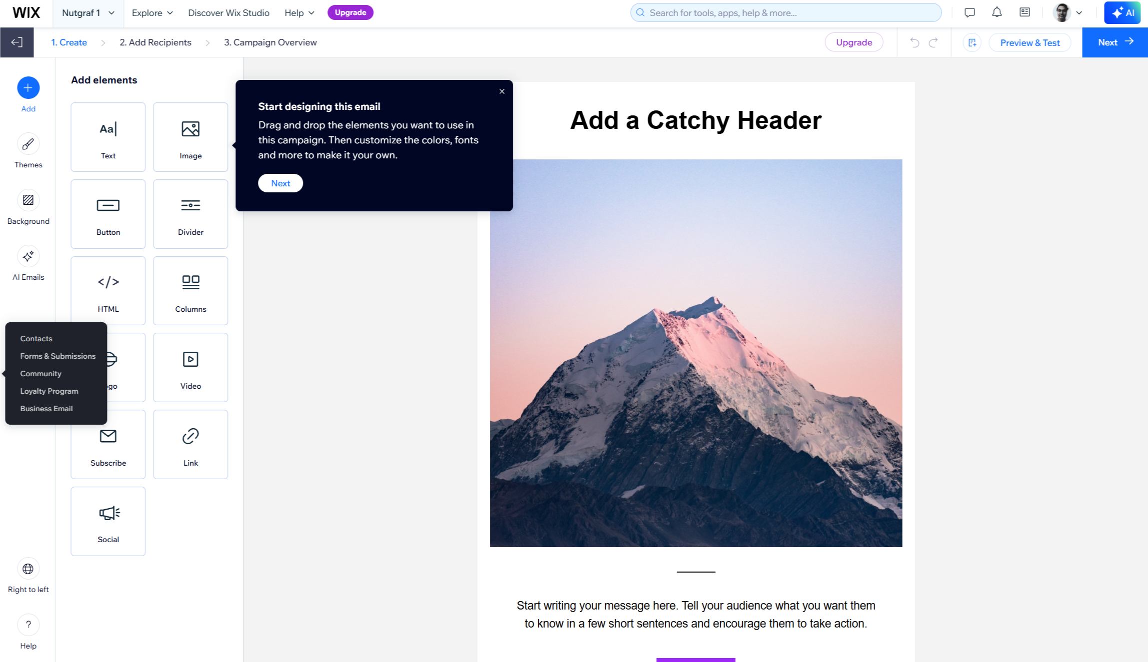 Wix Email Marketing editor